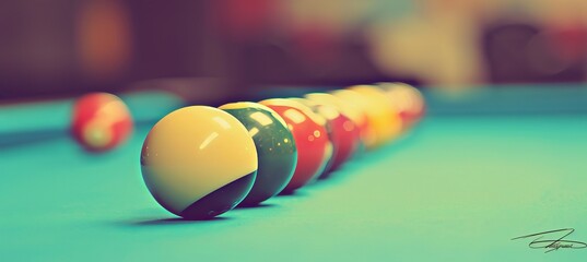 Wall Mural - Colorful billiard balls arranged on green table with copy space for text, close up top side view
