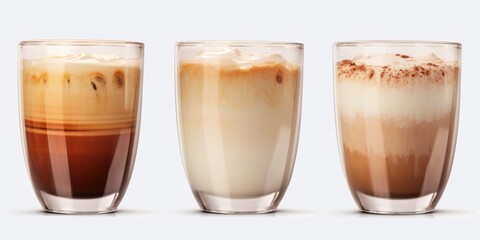 Poster - Three different types of coffee in glasses on a white background. Suitable for coffee lovers and cafe menus