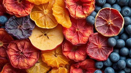 Wall Mural -  a bunch of cut up fruit sitting on top of a pile of blueberries, oranges, and raspberries next to a pile of blueberries and oranges.