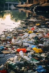 Poster - A river filled with lots of trash next to a bridge. This image can be used to depict pollution, environmental issues, or the need for waste management