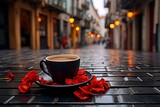 Fototapeta Uliczki - Morning coffee cup on table in the narrow streets of old city with flowers and vintage architecture