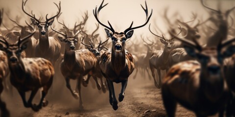 Poster - A group of deer running together down a dirt road. Suitable for nature and wildlife themes