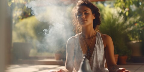 Poster - A woman sitting in a lotus position with her eyes closed. Suitable for meditation, mindfulness, and relaxation concepts