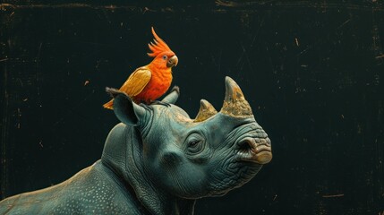 Wall Mural -  a bird sitting on the back of a rhino's head while another bird sits on top of the rhino's head on top of the rhino's head.