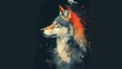  a painting of a wolf with a bird on it's head and a bird on its back, on a black background, with a red and white border.