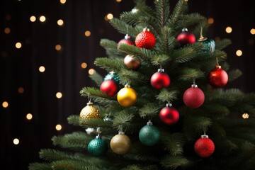 Poster - A festive Christmas tree adorned with colorful ornaments and twinkling lights. Perfect for adding holiday cheer to any project or decoration