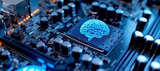 Poster - Holographic human brain floating in air over cpu with shining ai icon, futuristic technology concept