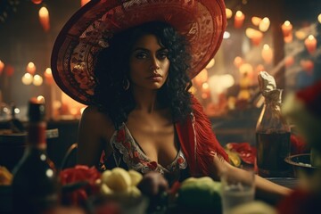 Poster - Woman wearing a large red hat sitting at a table. Versatile image suitable for various uses