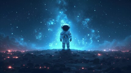 Wall Mural -  a man in a space suit standing on top of a hill in front of a sky filled with stars and a bright blue light behind him is a bright star.