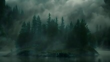 Mist Moving Between The Trees Ariel View. Rainy Weather In Mountains And Forest. Misty Fog Blowing Over Pine Tree Forest. Aerial Footage Of Spruce Forest Trees On The Mountain Hills At Misty Day. Morn