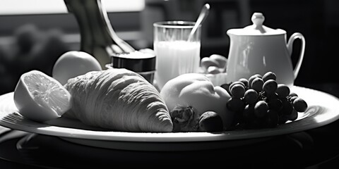 Sticker - A black and white photo of a plate of food. Suitable for various culinary themes and restaurant advertisements