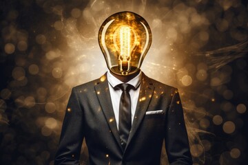 Poster - A man wearing a suit with a light bulb placed on his head. This image can be used to represent creativity, innovation, and thinking outside the box