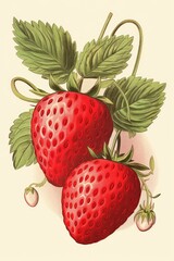 Poster - A simple drawing of two strawberries with green leaves. Can be used for food-related designs or as a symbol of freshness and summer