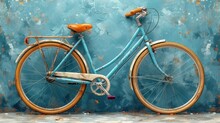  A Blue Bike Leaning Against A Blue Wall With A Rusted Metal Handlebar And Seat On The Front Of The Bike, With A Rusted Metal Handlebar Attached To The Front Wheel.