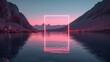 a neon square hovering over the middle of a lake with mountain in the back in a minimalistic setting