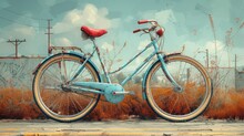  A Painting Of A Blue Bicycle Parked In Front Of A Building With A Red Bicycle On The Front Wheel And A Red Bicycle On The Back Tire Of The Bike.