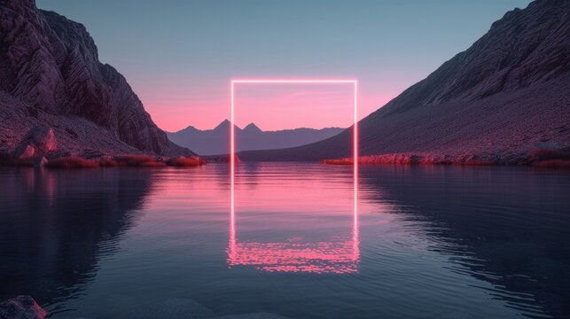 a neon square hovering over the middle of a lake with mountain in the back in a minimalistic setting
