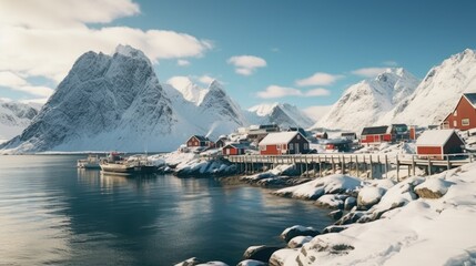 Poster - A breathtaking view of a mountain range with a serene body of water in the foreground. Perfect for travel and nature-themed projects