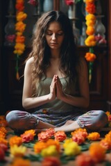 Poster - A woman sitting on the floor in front of a bunch of flowers. This image can be used for various purposes