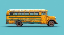  An Old Yellow School Bus Sitting On Top Of A Blue Background With A Faded Paint Job On The Side Of The Bus And The Front Part Of The Bus Is Missing.
