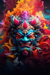 Poster - A digital painting of a vibrant, colorful mask against a black background. Ideal for adding a touch of color and mystery to your designs