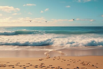 Wall Mural - A group of birds flying over the ocean. This image can be used to depict freedom, nature, or travel