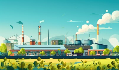 Wall Mural - Industrial landscape with factories and green plants.