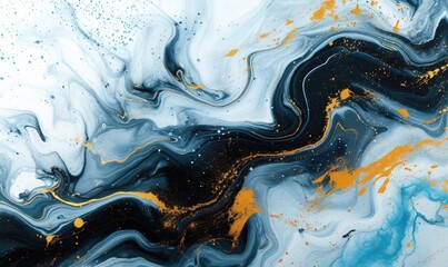  Blue and gold abstract acrylic background. Marbling artwork texture. Agate ripple pattern. Gold powder.