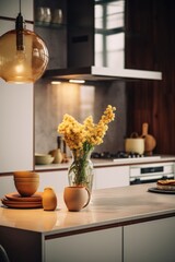 Poster - A vase of flowers sitting on top of a kitchen counter. Perfect for adding a touch of nature to your kitchen decor