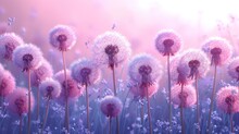  A Painting Of A Bunch Of Dandelions In A Field Of Purple Flowers With A Pink Sky In The Background And A White Butterfly Flying Over The Top Of The Dandelions.
