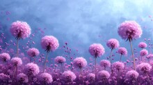  A Field Of Purple Flowers With A Blue Sky In The Background And A Few Clouds In The Sky With A Few Wispy Pink Flowers In The Foreground.