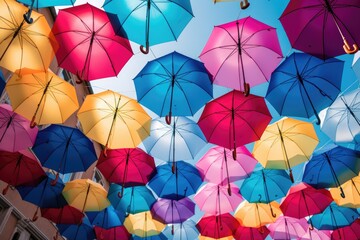 Aufkleber - Colorful umbrellas hanging from the ceiling. Perfect for adding a vibrant touch to any indoor space