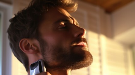 Poster - A man with a beard using a cell phone. Perfect for technology and communication concepts