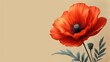 © Shanti - a close up of a red flower on a beige background with a green plant in the foreground and a blue flower in the middle of the image on a beige background.