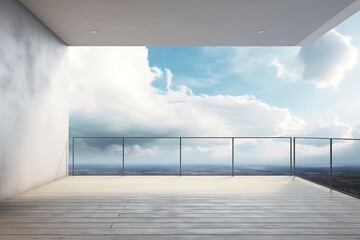 Canvas Print - Interior of a concrete open air balcony that is completely empty, with a blank mock up banner for your advertisement on the wall and a panoramic view of the sky and clouds