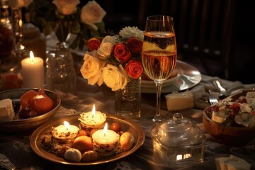 Poster - A beautifully set dinner table with elegant candles, fresh fruit, and vibrant flowers. Perfect for special occasions or romantic dinners.