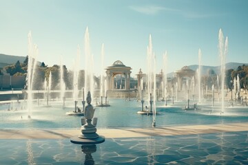 Poster - A large fountain of water with a building in the background. Perfect for architectural designs and urban landscapes