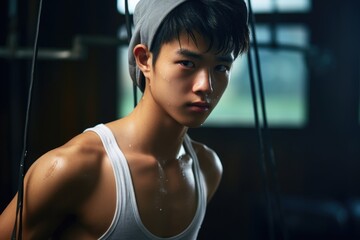 Aufkleber - A young man wearing a tank top and a beanie. Suitable for casual fashion, urban lifestyle, and summer-themed designs