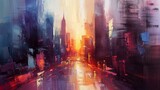 Fototapeta Nowy Jork - Create an abstract cityscape during sunrise, emphasizing the emotional experience of being surrounded by towering buildings. Expressionism