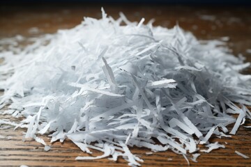 Aufkleber - Shredded paper piled on a rustic wooden table. Perfect for office or recycling concepts