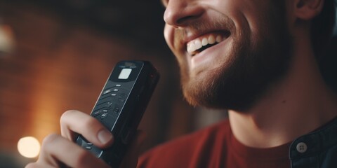 Aufkleber - A smiling man holding a remote control in his hand. Suitable for technology and entertainment-related projects