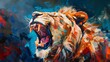 Depict a striking representation of a roaring lion, using bold colors and exaggerated forms to personify the animal's raw power. Expressionism