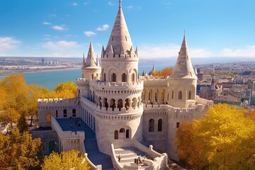 Poster - A stunning aerial view of a castle with a beautiful river in the background. Perfect for travel brochures, historical documentaries, or fantasy novels