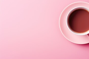 Poster - A cup of coffee on a saucer resting on a pink surface. Perfect for coffee shop menus or lifestyle blogs
