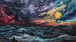 Depict an intense, exaggerated stormy landscape with overlapping swirls of dark colors dominating the atmosphere. Expressionism