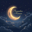 © Rashid - Crescent moon and beautiful night sky ramadan holiday with Ramadan Kareem text poster, ai technology