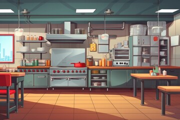 Poster - A colorful cartoon kitchen featuring a stove, oven, table, and chairs. Perfect for illustrating cooking, family meals, and homey environments