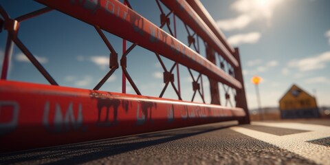 Poster - A close-up view of a vibrant red bridge with a building in the background. This image can be used to represent architectural structures and urban landscapes
