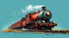  A Painting Of A Train On A Train Track With Smoke Coming Out Of The Top Of The Engine And Smoke Coming Out Of The Top Of The Front Of The Engine.