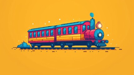 Canvas Print -  a red and yellow train on a track with a blue bird on top of it and a yellow background with a blue bird sitting on the side of the train.